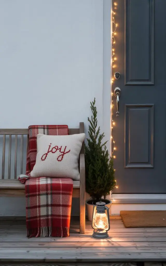 A photograph of a minimalist Christmas front porch featuring a wooden bench draped with a red-and-white plaid throw blanket and adorned with a cream knit pillow embroidered with "Joy." The charcoal gray front door displays a gleaming silver handle and keyhole that reflect the warm glow of delicate fairy lights strung nearby. A small potted evergreen sits gracefully beside the bench, while a vintage-style lantern casts a gentle flickering light on the wooden step below. The clean, uncluttered composition showcases natural wood textures and muted winter tones, creating a serene atmosphere where cozy holiday warmth meets refined simplicity.