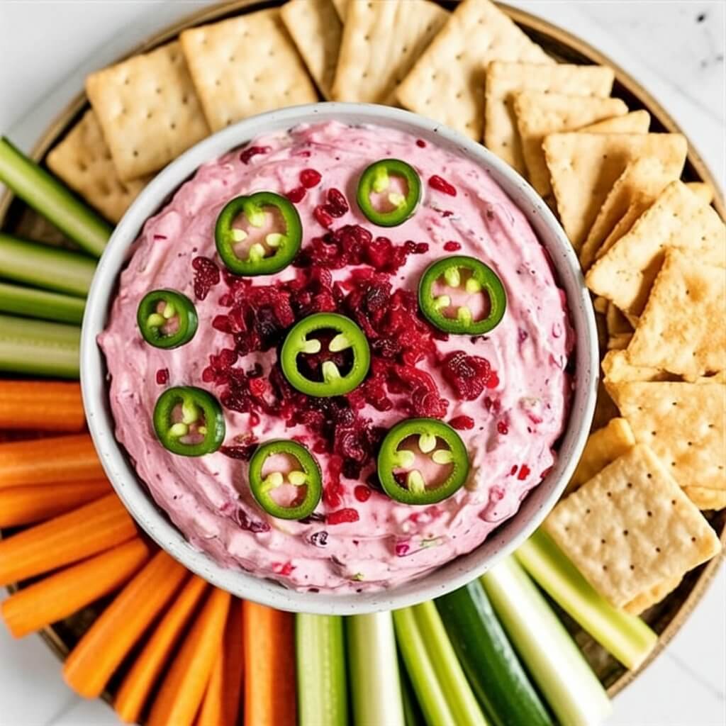 A small, round, white ceramic bowl holds cranberry jalapeño dip with bright red, finely chopped cranberries and thinly sliced jalapeño peppers scattered across the top surface. The dip itself has a creamy, light pink hue with visible flecks of red pepper. Arranged around the bowl are an assortment of dipping options, including square-shaped wheat crackers, triangular tortilla chips, and carrot, celery, and cucumber sticks neatly arranged on a circular, light brown wooden tray. The entire arrangement sits on a bright, plain white kitchen countertop with a slight sheen from the overhead lighting.