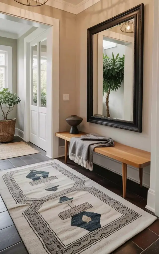 A custom rug with an abstract design in muted blues and creams covers the floor of a narrow entryway. The rug’s geometric pattern features overlapping shapes and subtle tonal variations, perfectly fitted to the space’s dimensions. A sleek oak bench with tapered legs sits against the wall, draped with a folded gray wool blanket. Above the bench, a large black-framed mirror reflects the rug’s pattern and the entryway’s neutral walls, illuminated by soft overhead lighting.