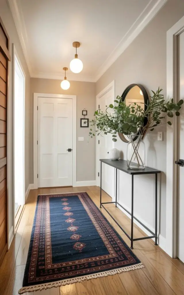 A deep navy rug with subtle geometric patterns anchors the entryway, positioned centrally on pale hardwood flooring. The rug’s edges meet the walls, creating a defined border while its texture contrasts against the smooth wood. A slim black metal console table rests against the wall, displaying a clear glass vase filled with several stems of eucalyptus and olive branches. Soft pendant lighting fixtures hang from the ceiling, casting a warm glow on the space, while a round mirror hangs above the console, reflecting the arrangement.