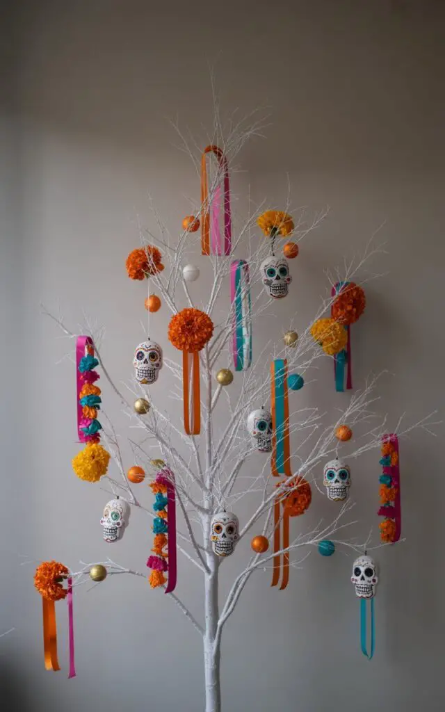 A photograph of a minimalist Halloween tree adorned with vibrant cultural accents. The tree, with stark white branches, stands centered against a plain gray wall, showcasing carefully placed sugar skull ornaments, bright marigold flowers, and colorful tasseled ribbons in shades of orange, pink, and teal. Each decoration is spaced deliberately, creating a balanced and harmonious visual display of cultural vibrancy without overcrowding the branches; subtle gold and turquoise baubles catch the light. Soft, diffused lighting illuminates the scene, enhancing the clean lines and vibrant colors while preserving a respectful and elegant atmosphere.