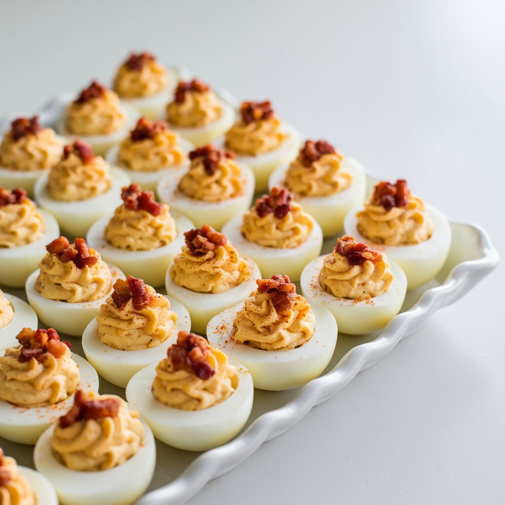 A close-up shot of deviled eggs arranged neatly in rows on a white ceramic tray. Each appetizer features a smooth, creamy yolk filling topped with crispy bacon bits and a sprinkle of smoked paprika. The yolk’s golden color glows under natural light, while the whites appear pristine. The tray is placed on a bright plain white kitchen countertop, creating a crisp, classic presentation perfect for Thanksgiving.