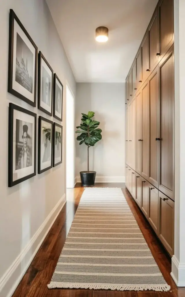 A long, minimalist hallway extends from the entryway, visually defined by a gray and ivory striped runner rug running the length of the space. Framed black-and-white photographs, depicting cityscapes and portraits, are arranged in a symmetrical row along the left wall, while a series of closed storage cubbies with recessed handles lines the right wall, concealing shoes and other items. Soft, diffused light streams in from a doorway at the far end of the hallway, illuminating the polished hardwood floors visible beneath the runner. A single potted fiddle-leaf fig tree sits in the corner closest to the entryway, its large, glossy leaves adding a touch of greenery to the otherwise neutral palette.