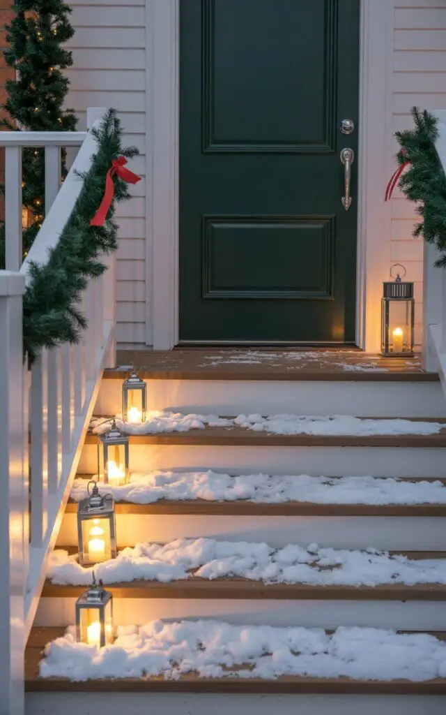 A photograph of a minimalist outdoor Christmas front porch featuring clean lines and elegant holiday decorations with artificial snow delicately dusting the wooden steps and white railings. The faux snow catches and reflects warm golden light from strategically placed lanterns, creating a magical shimmer that bathes the entire space in a dreamy, ethereal glow. A rich dark green front door with polished silver hardware serves as the focal point, flanked by simple evergreen wreaths with subtle red ribbon accents. Black metal lanterns with flickering LED candles line the steps, while the artificial snow creates perfect drifts and highlights, evoking the nostalgic charm of a winter wonderland without any real precipitation.