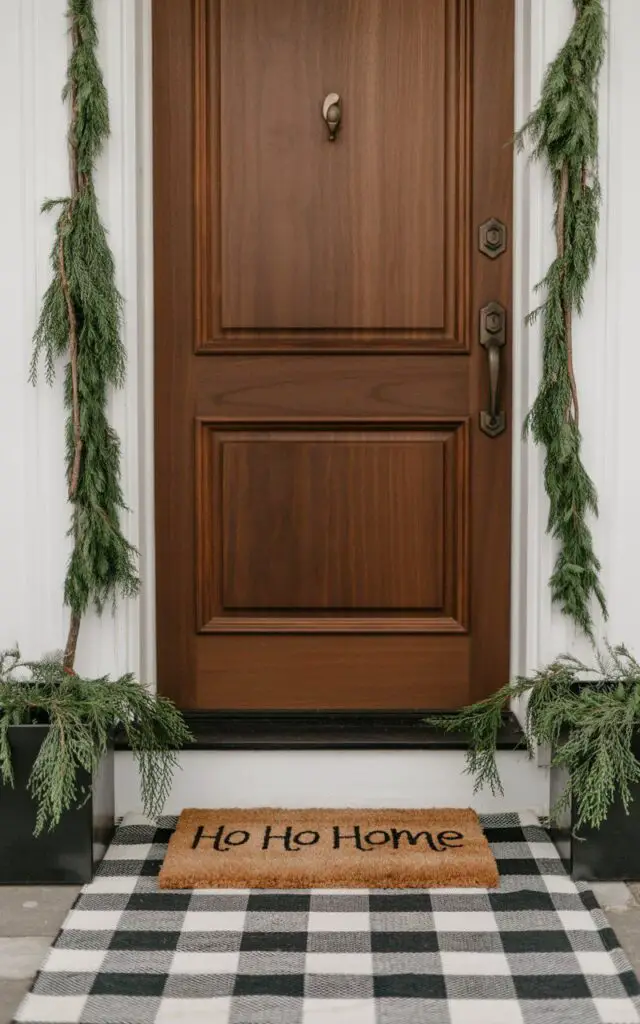 A photograph of a minimalist Christmas front porch featuring a charming welcome mat with "Ho Ho Home" in festive lettering, positioned on a classic black-and-white checkered rug. The rich walnut front door with an elegant bronze handle and keyhole creates a warm focal point, framed by simple evergreen garlands draped naturally around the doorframe. Two matching planters filled with fresh pine sprigs sit symmetrically on either side of the entrance, their deep green needles catching the soft natural light. The clean, uncluttered composition balances modern design with cozy holiday charm, creating an inviting entrance that feels both festive and sophisticated.
