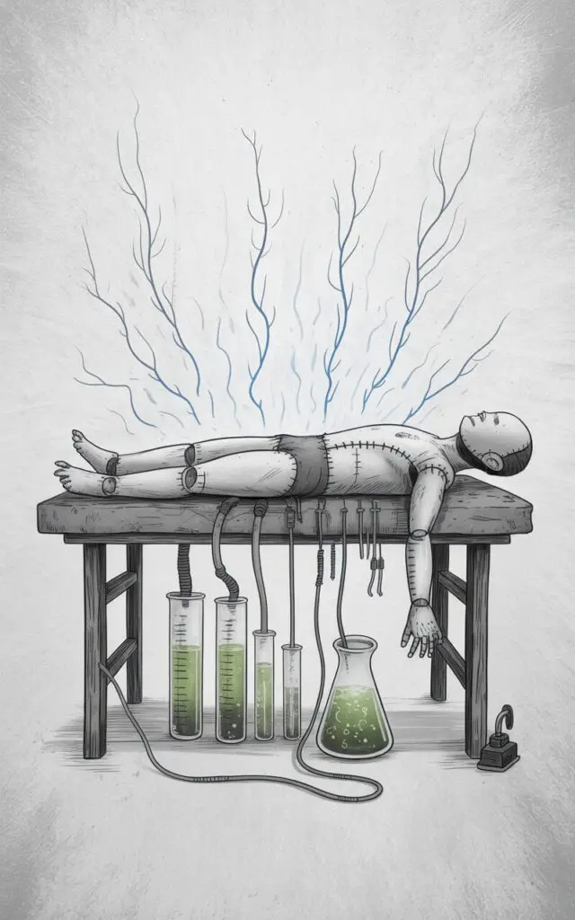 A large, partially assembled humanoid figure lies on a stone slab, displaying visible stitching and metal bolts securing its limbs. Several glass beakers filled with bubbling green liquid sit alongside a collection of electrical coils and copper wires arranged on a worn wooden table. A series of glass tubes containing murky fluids are connected by rubber tubing, with a small metal lever positioned nearby. Faint arcs of blue electrical energy extend upwards from a complex arrangement of wires and sparking apparatuses against a plain, off-white backdrop.