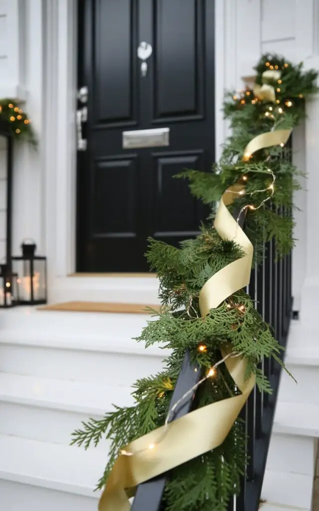 A photograph of an elegantly decorated minimalist Christmas front porch where lush evergreen garland becomes the focal point. Each porch railing is carefully wrapped with thick, verdant garland intertwined with luxurious gold ribbon and delicate warm white string lights that create a soft, inviting glow. The sleek black front door features a polished silver handle and keyhole, providing a sophisticated backdrop to the festive display. Two small matching lanterns flank the entrance while the pristine swept steps complete the scene, creating a perfect balance of understated elegance and holiday warmth against the clean architectural lines.