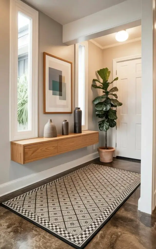 A large geometric rug with repeating diamond patterns in black and ivory anchors the entryway, its edges aligned with the room’s boundaries. A floating oak shelf is mounted on the wall above the rug, displaying three ceramic vases in varying heights and a single framed artwork featuring overlapping squares of teal, gray, and white. A tall fiddle-leaf fig plant stands in a terracotta pot in the corner, its broad, glossy leaves reaching towards the ceiling. The entryway has polished concrete floors and a white painted door visible in the background, and sunlight streams in from a window to the left, creating soft shadows.