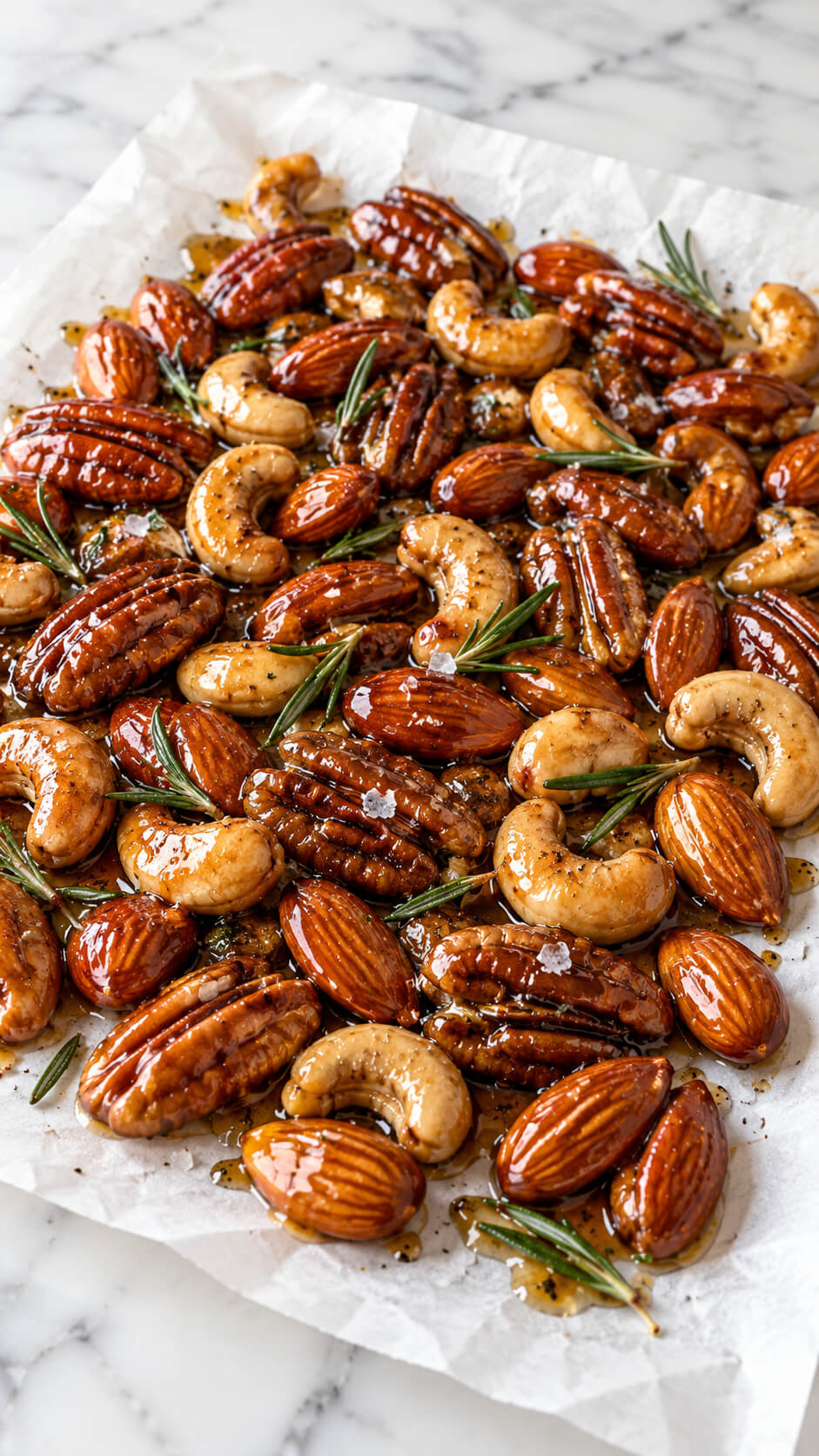 Glazed Rosemary Mixed Nuts on Parchment