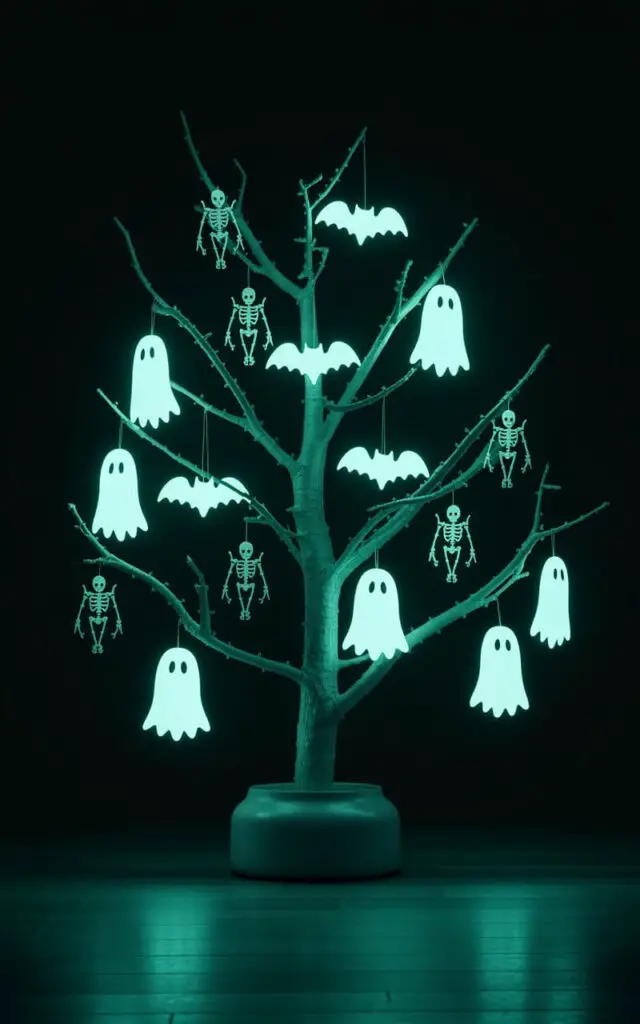 A photograph of a minimalist Halloween tree bathed in darkness, showcasing a striking neon aesthetic. The tree's branches are adorned with evenly spaced, glow-in-the-dark ornaments – floating "ghost" shapes, sleek bat silhouettes, and delicate skeletal outlines, all radiating a soft green glow. The tree stands on a matte black base, ensuring the luminescent decorations become the primary visual focus, subtly illuminated by hidden UV lights. The background is completely black, intensifying the ethereal radiance of the decorations and creating a captivating, modern Halloween display.