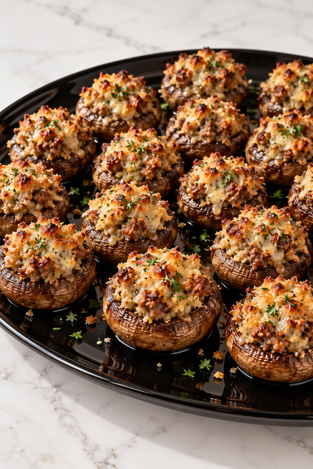 Golden Herb Stuffed Mushrooms on Black Platter