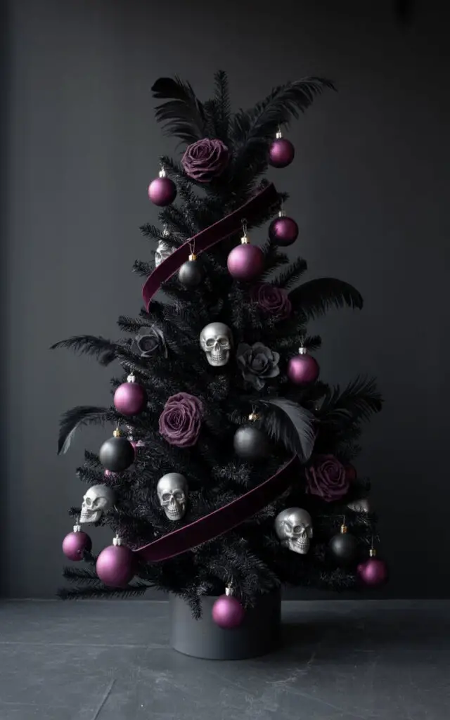 A photograph of a striking Halloween tree adorned with a minimalist yet luxurious aesthetic. The tree stands elegantly against a stark black backdrop, showcasing deep plum ornaments, matte black roses, and metallic skulls carefully arranged in evenly spaced clusters. Black feathers and jewel-toned baubles provide subtle drama, while a velvet ribbon spirals gracefully downward, enhancing the refined gothic glam. Soft, low lighting creates a moody atmosphere, highlighting the tree’s dramatic details and allowing it to become the sole focus of the scene.