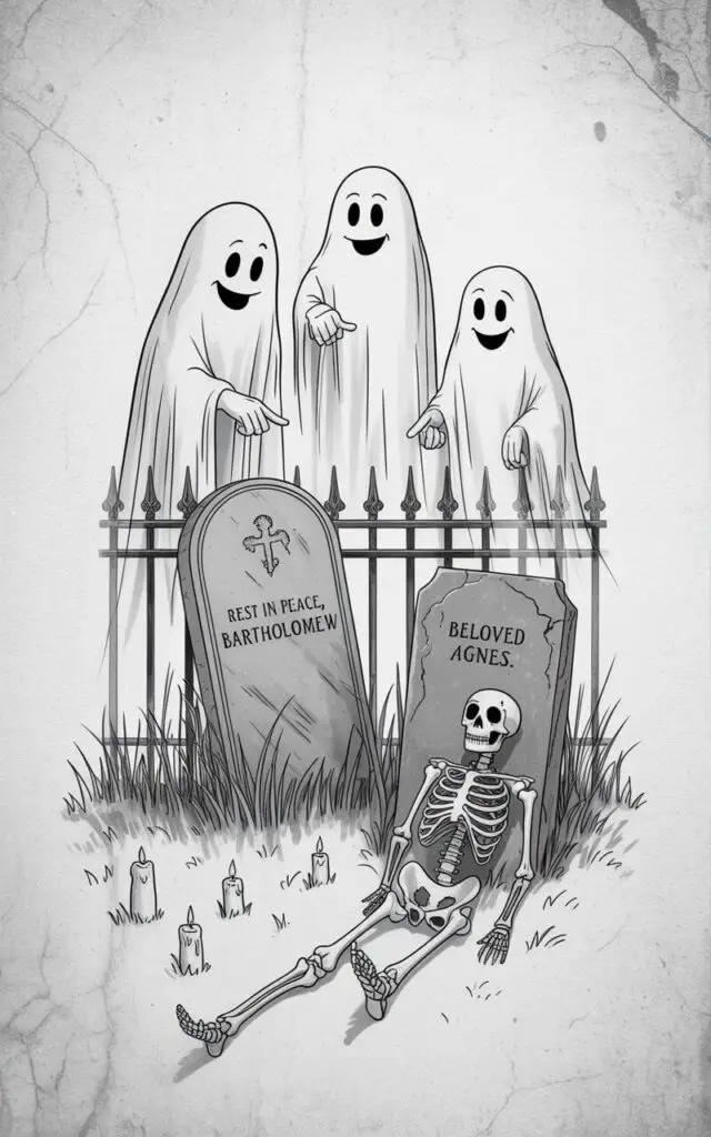 Three translucent ghosts with gentle smiles float above a small graveyard, their forms slightly shimmering. One ghost gestures towards a leaning tombstone with an inscription reading "Rest in Peace, Bartholomew," while another points towards a nearby stone labeled "Beloved Agnes." A skeleton, adorned with a small black bow tie, rests against a weathered granite gravestone, its ribcage clearly visible. Patches of dry grass and several small, unlit candles are scattered around the tilted tombstones and weathered wrought iron fence surrounding the scene.