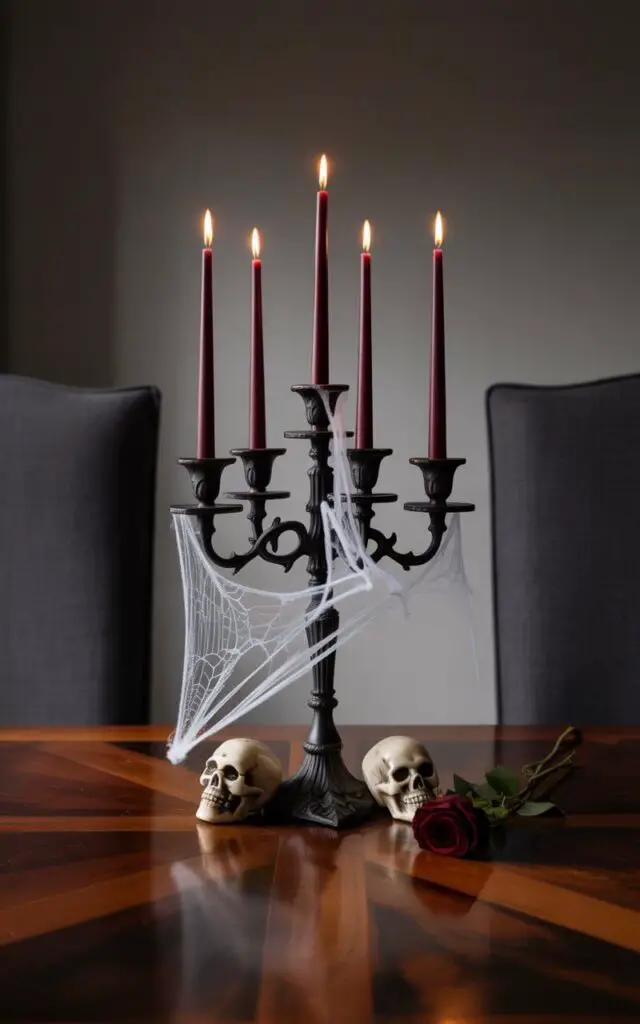 A photograph focusing on a meticulously arranged Halloween centerpiece resting on a rich, dark-stained dining table. A tall, black candelabra, intricately carved with gothic motifs, holds five burgundy taper candles, their flames dancing gently, while delicate faux cobwebs cascade from the ornate arms and two small, antique skulls sit quietly at the base. The dining table is framed by two dark charcoal upholstered chairs, subtly hinting at a formal setting, and a single, deep red rose lies artfully placed beside the candelabra. Soft, diffused lighting emphasizes the shadows and textures, creating a subtly eerie and sophisticated Halloween ambiance.