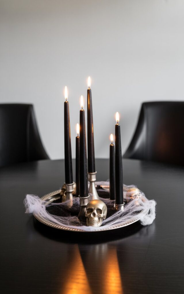 A photograph of a meticulously styled Halloween centerpiece gracing a sleek, minimalist black dining table. At the heart of the arrangement stands a decorative silver tray holding several black taper candles of varying heights, their flickering flames casting an eerie glow and reflecting subtly on the table’s polished surface. Delicate faux cobwebs weave around the base of the candles, accented by a few miniature silver skulls peeking through, while a pair of elegant black dining chairs with clean lines frame the scene. Soft, diffused lighting enhances the minimalist aesthetic and adds a touch of dramatic depth to the autumnal ambiance.