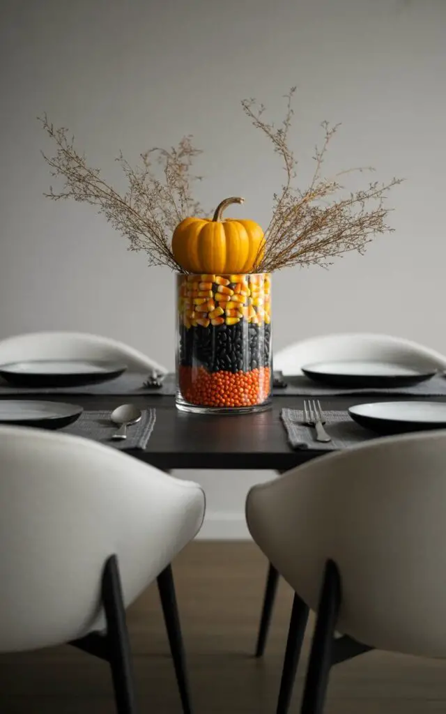 A photograph captures a meticulously arranged Halloween centerpiece on a dining table. The centerpiece features a tall, cylindrical glass vase filled with alternating layers of bright yellow candy corn, deep black beans, and vibrant orange beads, creating a striking striped effect. Emerging from the top of the vase is a small, rustic faux pumpkin nestled among delicate, dried twigs, illuminated by a soft overhead light that highlights the textures. The table is sparsely adorned with dark gray placemats and modern white dining chairs with slender black legs, emphasizing the centerpiece’s elegant simplicity.