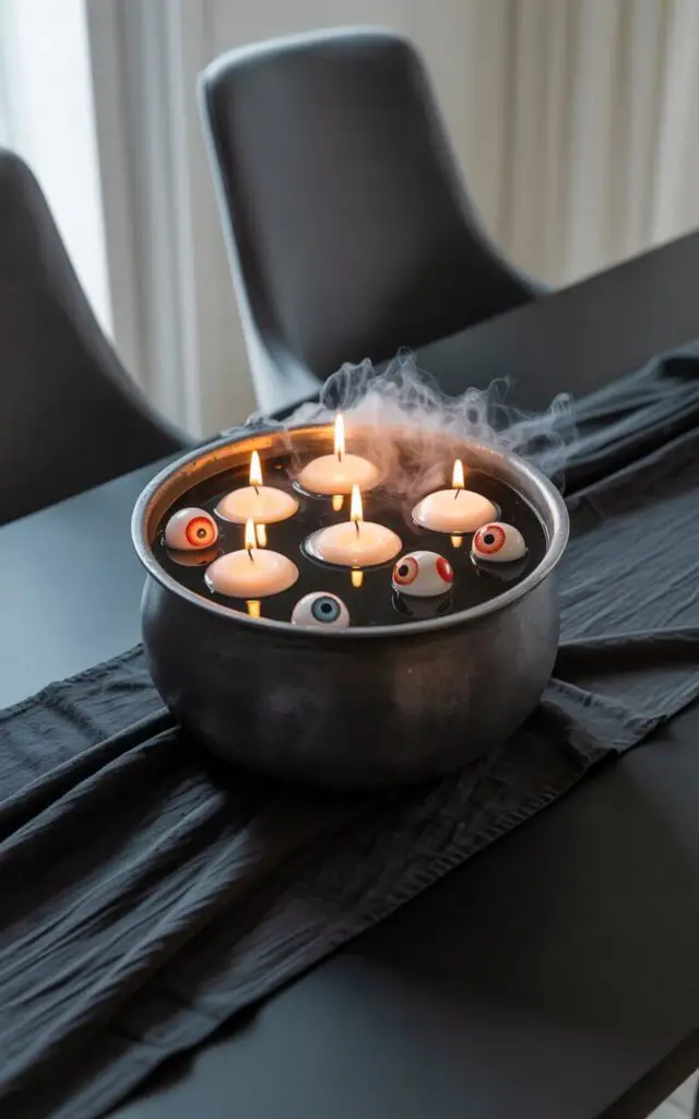A photograph of an elegant Halloween centerpiece displayed on a sleek black dining table. At the center sits a matte black cauldron filled with dark water, holding several floating, gently flickering candles with soft, warm light emanating from each flame. Suspended just above the water’s surface are numerous realistic-looking glass eyeballs, creating an eerie yet captivating effect. A simple black table runner is draped across the table, with modern charcoal gray dining chairs subtly positioned around the scene, while wisps of dry ice vapor delicately drift above the cauldron, enhancing the dramatic atmosphere.