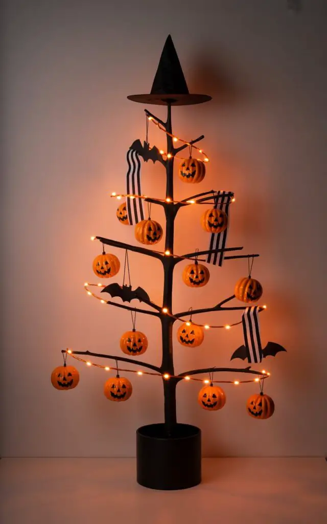 A beautifully lit photograph of a Halloween tree with a sleek black base and evenly spaced branches. The tree stands tall, adorned with glossy small jack-o’-lantern ornaments, striped ribbon, and hanging bats meticulously placed to create a striking visual impact; a black witch hat sits neatly atop the crown. Warm orange string lights wind around the branches in smooth, intentional lines, casting a gentle glow against a neutral grey wall, highlighting the classic Halloween vibrancy of “Halloween Tree”. The background fades slightly to emphasize the tree as the sole focus, creating a balanced and elegant composition.