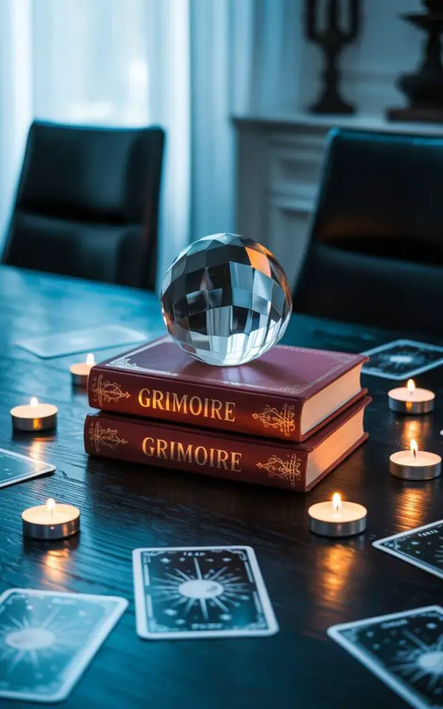A photograph of a meticulously arranged Halloween centerpiece dominating a minimalist dining table. Resting on a stack of antique-looking spellbooks bound in dark red leather with gold foil lettering that reads "Grimoire" is a large, faceted crystal ball reflecting the surrounding ambiance. Surrounding the crystal ball are scattered tarot cards depicting celestial motifs and flickering LED tea lights casting soft shadows on the polished dark wood tabletop and sleek black dining chairs. The scene is bathed in cool, moody lighting, creating an elegant and slightly mysterious atmosphere with subtle reflections accentuating the polished surfaces.