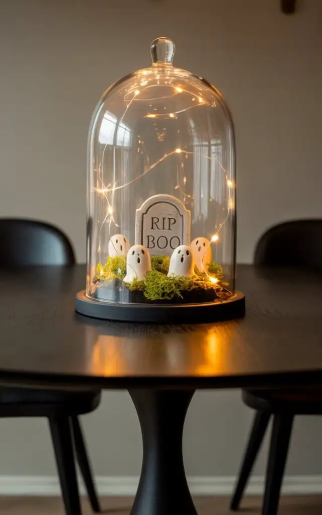 A photograph showcases a meticulously designed centerpiece featuring a glass cloche protecting a miniature Halloween scene. Inside, tiny ceramic ghosts are playfully arranged amidst a bed of vibrant green moss and a weathered miniature gravestone bearing the inscription "RIP Boo". The centerpiece rests on a sleek, dark wood dining table, complemented by elegantly understated black chairs with slender legs. A soft, warm glow emanates from strategically placed LED lights within the cloche, casting intriguing shadows and subtly highlighting the delicate scene.