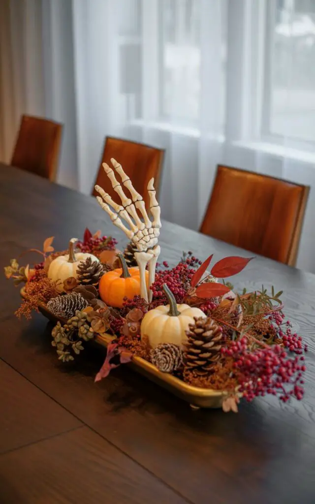 A photograph showcases a meticulously crafted centerpiece arranged on a dark wood dining table, blending autumnal warmth with a subtle Halloween theme. The centerpiece features a shallow, rectangular tray holding a carefully curated collection of miniature pumpkins, rich brown pinecones, dried crimson leaves, and vibrant clusters of deep purple berries, with a single antique skeleton hand gracefully emerging from the foliage. The surrounding dining chairs are crafted from warm-toned wood with clean, modern lines, adding a touch of understated elegance. Soft, diffused light streams in from a nearby window, illuminating the scene and casting gentle shadows, enhancing the cozy, inviting atmosphere.