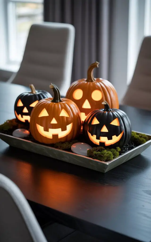 A photograph captures a close-up view of a meticulously designed centerpiece featuring three LED-lit jack-o’-lanterns arranged on a sleek, dark dining table. Each pumpkin boasts a uniquely carved face – one grinning mischievously, another with a surprised expression, and a third painted matte black for striking contrast, all gently illuminated from within. A shallow, rectangular tray filled with dark green moss and smooth gray stones rests beneath the pumpkins, subtly grounding the Halloween theme in a sophisticated aesthetic while complementing the surrounding soft gray dining chairs. The scene is bathed in a warm, inviting glow emanating from the LED lights, highlighting the textures and shapes, creating a charming and stylish ambiance.