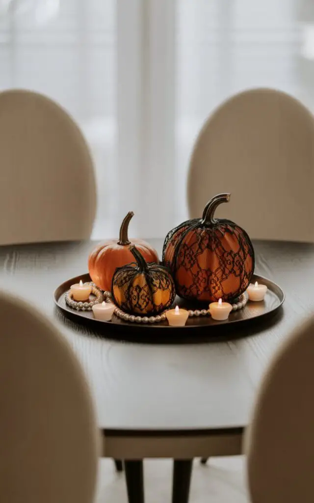A photograph showcasing a meticulously styled centerpiece of three pumpkins arranged on a minimalist dining table. The pumpkins, varying in size from small to medium, are elegantly wrapped in intricate black lace and rest on a matte black tray, accented by a scattering of faux pearls and soft LED tea lights. Cream-upholstered dining chairs softly frame the scene, creating an elegant contrast that complements the dark decor while the room's lighting is soft and diffused, enhancing the polished, feminine, and moody Halloween ambiance. The scene is captured with a shallow depth of field, blurring the background to emphasize the intricate details of the centerpiece.