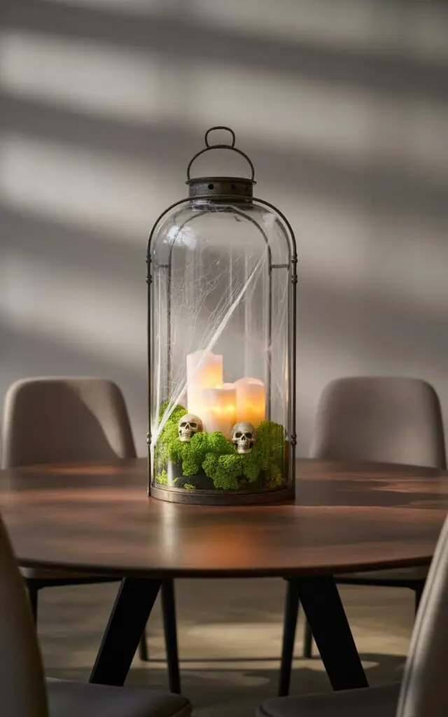 A photograph of a large, ornate glass and metal lantern sitting on a minimalist dining table. Inside the lantern, a carefully arranged Halloween scene features flickering LED candles, a scattering of miniature skulls, and vibrant preserved moss creating a layered, textural effect with a few delicate cobwebs stretched across the glass. The table is crafted from polished dark wood, and four sleek, neutral-toned chairs surround it. Soft, diffused lighting from above casts gentle shadows, enhancing the polished and spooky atmosphere of the scene.