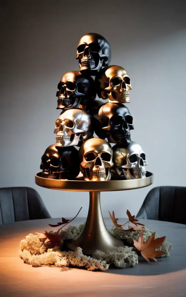 A photograph showcasing a striking centerpiece featuring a meticulously stacked arrangement of metallic skulls—matte black, antique gold, and polished silver—displayed on a tall, circular pedestal tray. The skulls vary in size and design, some with intricate detailing like subtle cracks and carvings, all arranged to draw the eye upward. Beneath the tray, a minimalist dining table is subtly illuminated by a single spotlight, casting soft shadows that highlight the sleek, dark gray chairs surrounding it. A scattering of dried autumnal leaves and delicate, preserved moss gently spill out from the base of the tray, creating a sophisticated and slightly eerie Halloween ambiance.