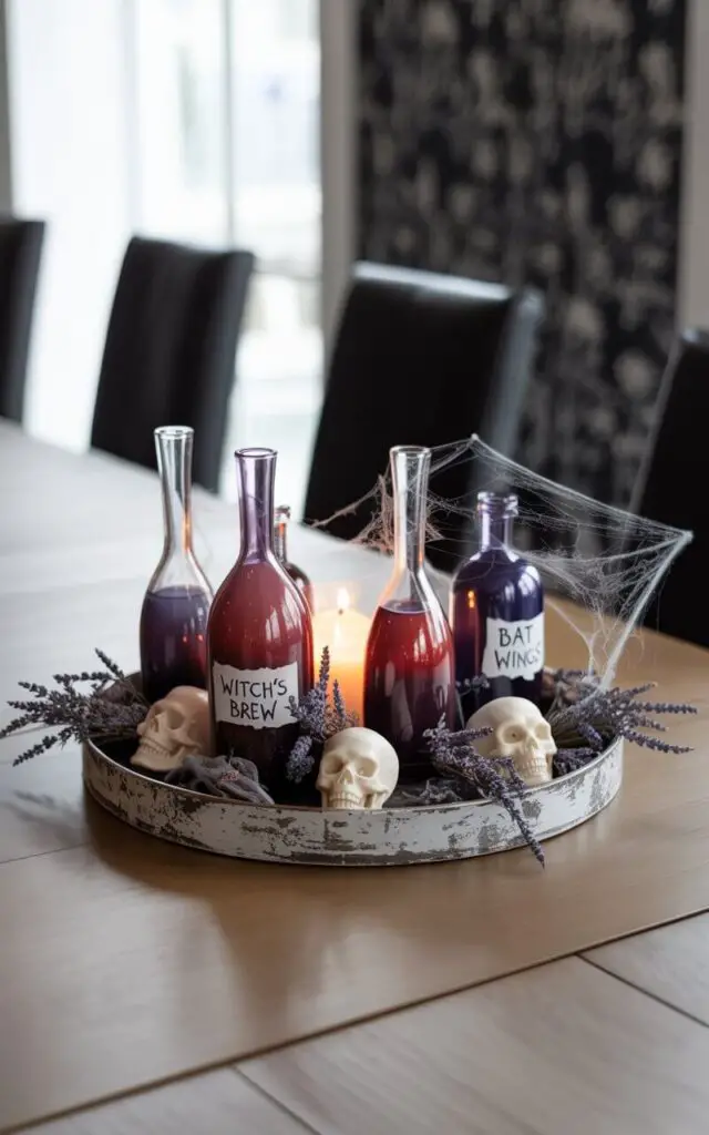 A photograph of a meticulously arranged Halloween centerpiece on a sleek, minimalist wooden dining table. The centerpiece features a distressed silver tray holding a collection of unique glass potion bottles labeled with "Witch’s Brew" and "Bat Wings" filled with shimmering deep red and dark purple liquids. Scattered around the bottles are sprigs of dried lavender, miniature faux skulls, and a few delicate silver spiderwebs, all softly illuminated by the warm glow of a single flickering candle. The backdrop reveals a blurred glimpse of dark, textured wallpaper and elegant black dining chairs, creating a clean, mysterious, and subtly elegant atmosphere.
