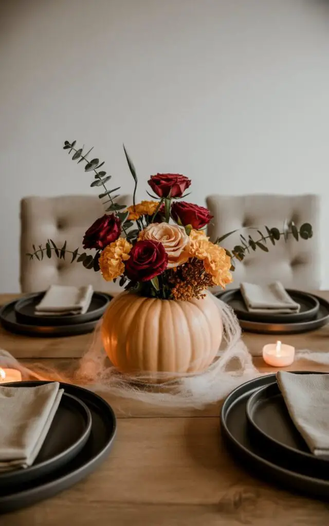 A photograph showcases a meticulously designed Halloween centerpiece, centered on a rustic wooden dining table. A carved pumpkin vase, painted in a soft matte white, holds an elegant arrangement of deep crimson roses, golden marigolds, and fragrant eucalyptus stems, all perfectly balanced. The table is simply set with matte black ceramic plates and folded linen napkins, with subtle faux cobwebs artfully placed around the pumpkin's base, while neutral beige dining chairs sit slightly out of focus in the background. Warm candlelight softly illuminates the scene, casting gentle shadows and enhancing the sophisticated yet understated Halloween atmosphere.