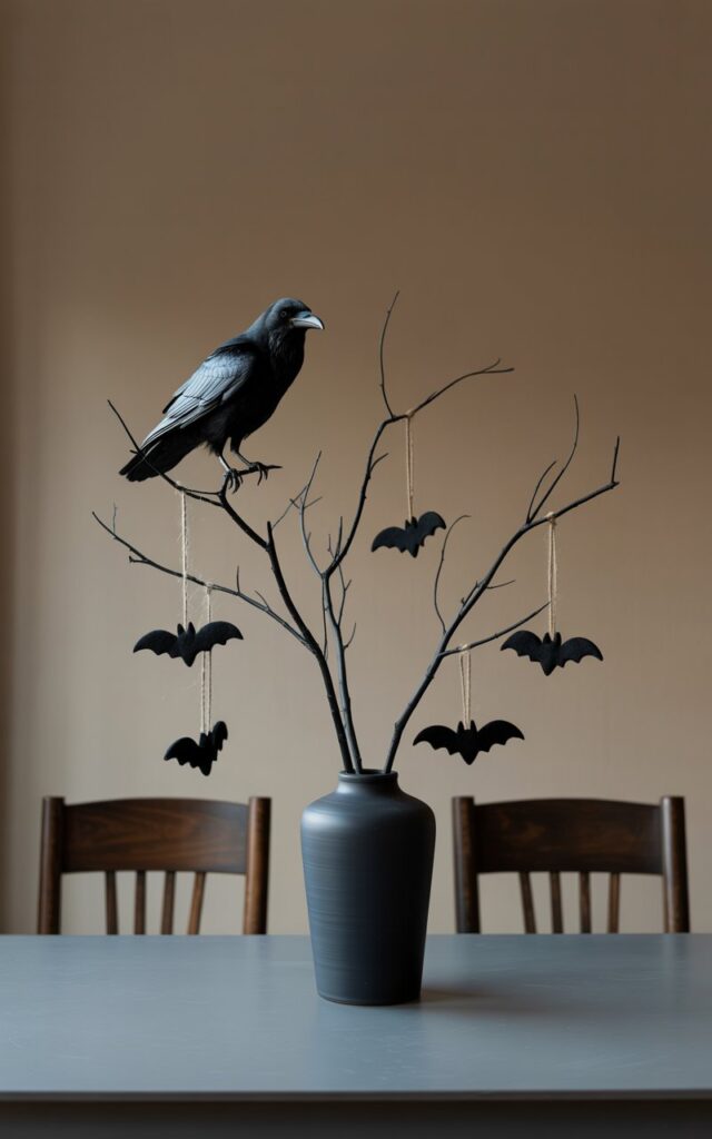 A photograph of a minimalist dining table adorned with a striking Halloween centerpiece. Rising from a matte black ceramic vase are stark black-painted branches, supporting a realistic, glossy raven perched near their peak; tiny felt bats hang from the branches, connected by thin strands of twine for a gentle, whimsical movement. The table is a smooth, dark gray, and is set with only two dark wood dining chairs with simple, elegant silhouettes, accentuating the height and drama of the centerpiece. Soft, warm side lighting highlights the textures of the raven's feathers and the vase's matte surface, creating a moody and inviting atmosphere.