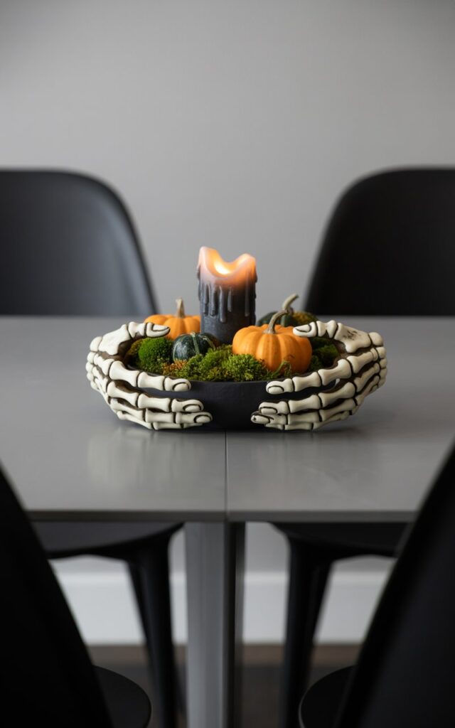 A photograph captures a meticulously arranged centerpiece as the primary focus. A pair of faux skeleton hands, intricately detailed with visible bone texture, cradle a shallow black ceramic bowl filled with vibrant green moss and miniature pumpkins; one hand delicately holds a flickering dark LED candle emitting a soft, warm glow. The centerpiece sits upon a sleek, minimalist dining table with matte black chairs, creating a modern Halloween aesthetic. Soft, diffused lighting emphasizes the eerie elegance of the arrangement, casting subtle shadows and highlighting the textures of the moss, pumpkins, and skeleton hands.
