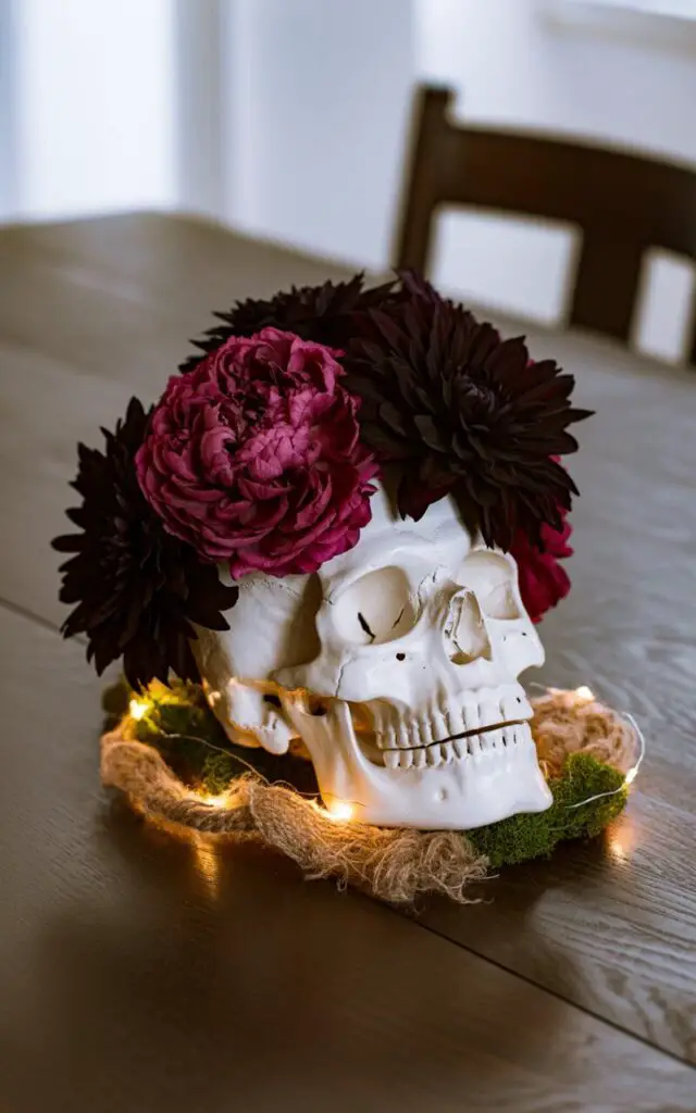 A photograph captures a minimalist Halloween centerpiece on a dark wood dining table. At the center sits a pristine white ceramic skull, adorned with a vibrant crown of deep burgundy peonies and velvety black dahlias, its gaze directed slightly upward. Wisps of dried moss and delicate fairy lights softly illuminate the base, creating a subtle textural contrast against the polished wood. Gentle overhead lighting casts elegant shadows across the skull and flowers, enhancing the gothic elegance of the space while maintaining a moody yet polished aesthetic.