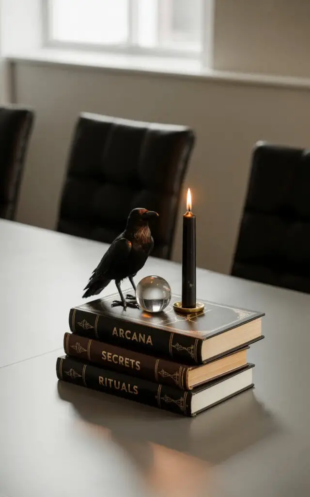 A photograph of a meticulously arranged centerpiece resting on a sleek, minimalist dining table. Atop the table sits a stack of three vintage-style spellbooks, their leather covers cracked and faded with gold lettering reading "Arcana" "Secrets" and "Rituals". A faux raven perches on the top book alongside a gleaming crystal ball and a single black candle flickering with a soft, orange glow. The scene is bathed in moody, diffused light from a nearby unseen window, highlighting the deep espresso tones of the elegant dining chairs and creating a comfortably dramatic atmosphere.