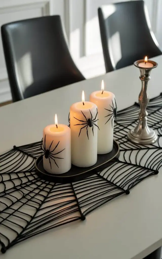 A photograph of a meticulously designed centerpiece adorning a dining table with a black spiderweb-patterned runner. Three pristine white pillar candles stand directly on the runner, each encircled by delicate faux spiders artfully scattered across the web's intricate threads. Sleek charcoal-toned dining chairs frame the table, their minimalist design complementing the centerpiece and creating a sophisticated ambiance, while a single ornate silver candlestick rests beside the candles holding a flickering tealight. Soft, diffused lighting casts elongated shadows through the webbing, enhancing the spooky yet refined Halloween aesthetic and highlighting the textures of the runner and candles.