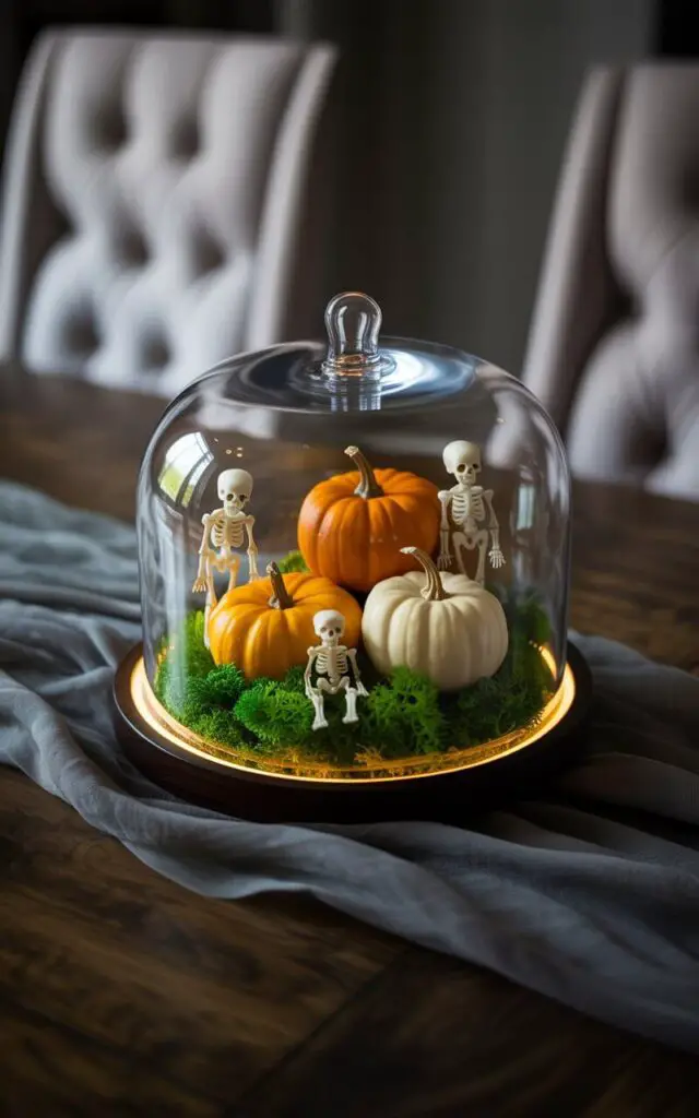 A photograph of an elegant Halloween centerpiece displayed on a dark wood dining table. Within a clear glass cloche rests a meticulously crafted terrarium featuring vibrant green moss, three miniature pumpkins in varying shades of orange, and four tiny skeleton figurines posed as if exploring. A soft, warm glow emanates from a hidden LED light inside the cloche, highlighting the textures and subtle details of the arrangement. The table is draped with a dark gray linen, and the background features two softly blurred gray upholstered dining chairs, contributing to a refined and intriguing atmosphere.