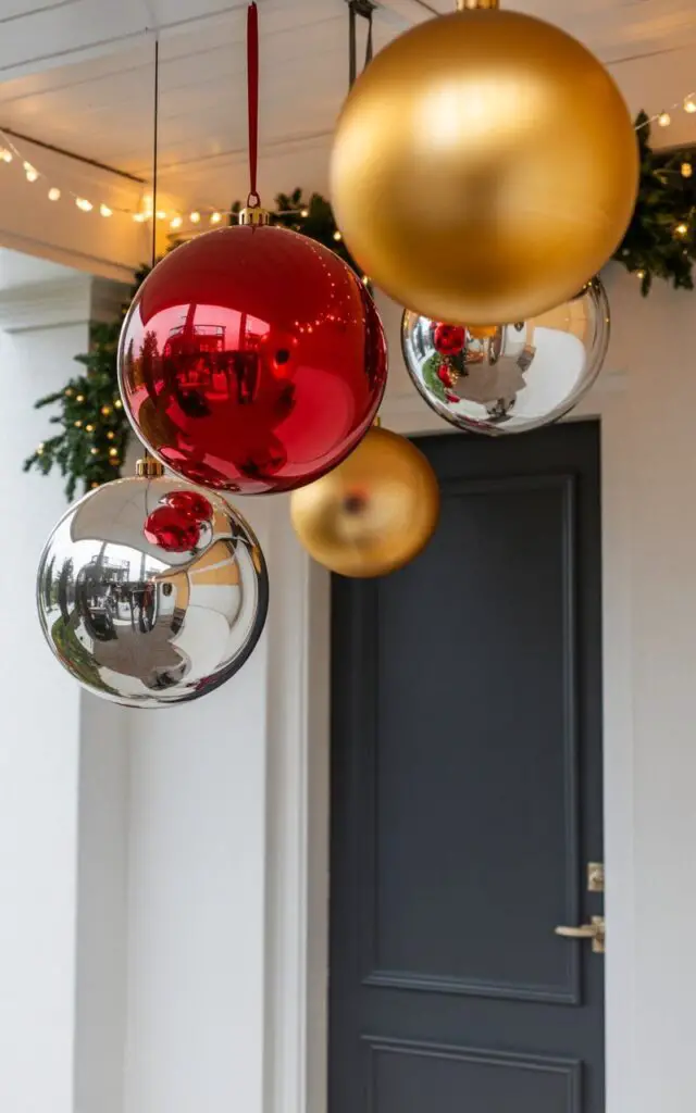A photograph of a minimalist Christmas front porch featuring oversized glossy ornaments suspended elegantly from the ceiling at varying heights. The large spherical decorations in rich crimson red, warm gold, and polished silver catch and reflect the soft amber glow of delicate fairy lights strung around the porch perimeter. A sophisticated deep charcoal gray front door with clean lines and simple brass hardware serves as a striking focal point against the pristine white walls. The uncluttered space is accented only by subtle sprigs of fresh evergreen greenery, allowing the suspended ornaments to create a stunning minimalist holiday display with warm, inviting lighting.
