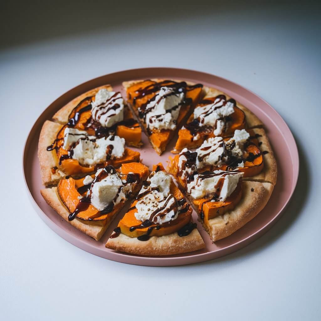 A rustic yet elegant shot of a flatbread sliced into bite-sized squares, topped with caramelized onions, roasted butternut squash, goat cheese, and a drizzle of balsamic reduction. The flatbread is golden and slightly crispy around the edges. The image is bathed in soft natural light, bringing out the rich, autumnal colors of the squash and the deep brown of the balsamic glaze. The flatbread is placed on a bright plain white kitchen countertop, allowing the food's colors and textures to stand out with clean, minimalist appeal. Place it on a circle dark pink tray.