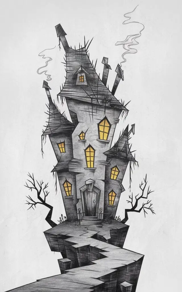A minimalist, plain white background pencil drawing illustration of a towering Halloween haunted house perched on a crooked hill. The house features jagged rooftops, cracked windows, and uneven chimneys, with fine pencil strokes adding depth to its eerie texture. Thin lines trace overgrown vines crawling up the walls, while faint, wispy smoke rises from one chimney. The windows are shaded lightly, suggesting a flickering glow within. A winding path leads to a creaky front door framed by two leaning trees. Drawn in a simplistic style, the entire scene balances ghostly atmosphere with clean, precise linework and soft shadows.