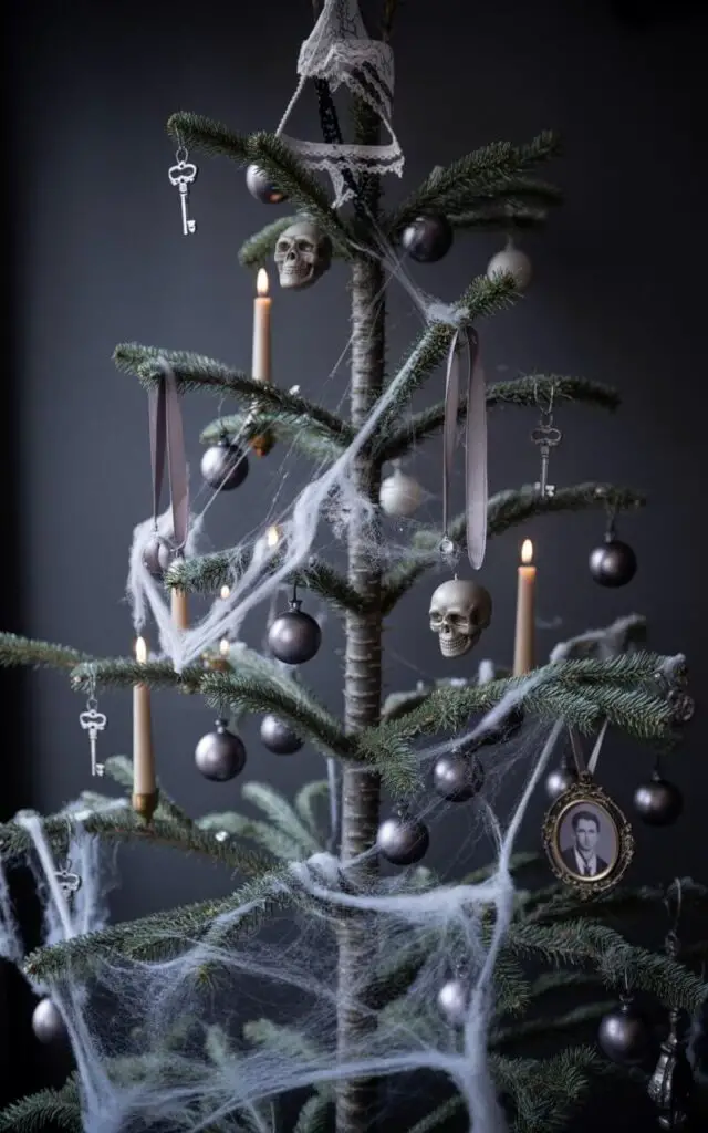 A darkly elegant still life photograph of a Halloween tree, exquisitely decorated in a gothic Victorian style. The tree, a slender silver fir, is adorned with dark plum and charcoal glass ornaments spaced deliberately along its branches, interspersed with delicate faux cobwebs that enhance the design rather than detract from it. Flickering LED taper candles are nestled amongst metallic skulls, lace ribbon loops, and small vintage portrait frames, while skeleton key charms hang subtly from the branches, all bathed in a soft, diffused light emanating from the candles. The background is a deep, velvety black, devoid of clutter to accentuate the tree’s refined, atmospheric beauty and highlight the ghostly glow of its ornaments.
