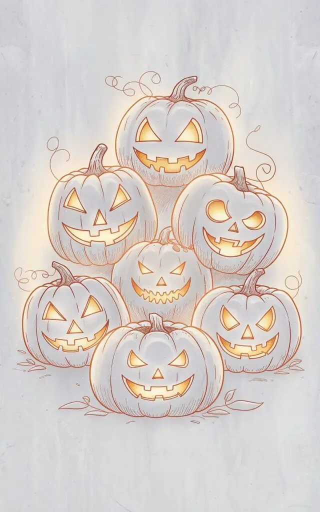 A minimalist, plain white background pencil drawing illustration of several Halloween jack-o'-lanterns glowing with character. Each pumpkin varies slightly in shape—round, tall, or slightly lopsided—with carved expressions ranging from joyful to mischievous. The outlines are bold yet simple, and the carved mouths and eyes feature gentle shading to imply inner candlelight. Delicate curved lines trace the pumpkins' ridges, and faint leaves scatter around their bases. Drawn in a simplistic style, this illustration emphasizes personality through clean contours and warm, subtle tonal variation.