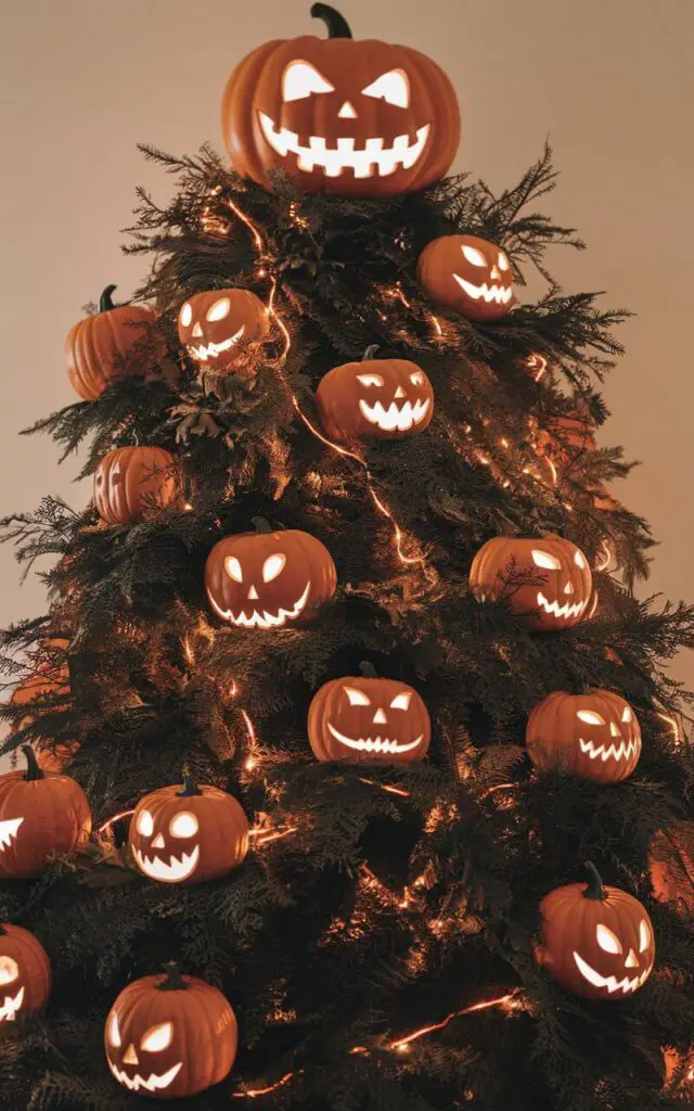 A photo of a Halloween tree decorated with jack-o'-lanterns. The tree has a minimalist pumpkin-focused layout. Each pumpkin has a unique facial expression, from goofy grins to sinister smiles. The pumpkins are evenly distributed without overlapping. Orange lights wrap around the branches, adding a warm glow. A large jack-o'-lantern topper with a grin is at the top of the tree.