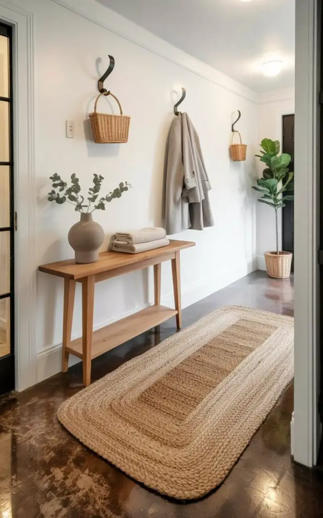 A large natural jute rug with a visible weave pattern sits centered on a polished concrete floor. A slim console table made of light-colored wood rests on the rug, displaying a ceramic vase with three dried eucalyptus branches and a stack of three neatly folded linen towels. Matte black hooks are mounted on the adjacent white walls, each holding a woven basket and a light gray wool coat. Soft sunlight streams in from a partially open doorway, illuminating dust motes suspended in the air and casting a long shadow from a potted fiddle-leaf fig plant in the corner.