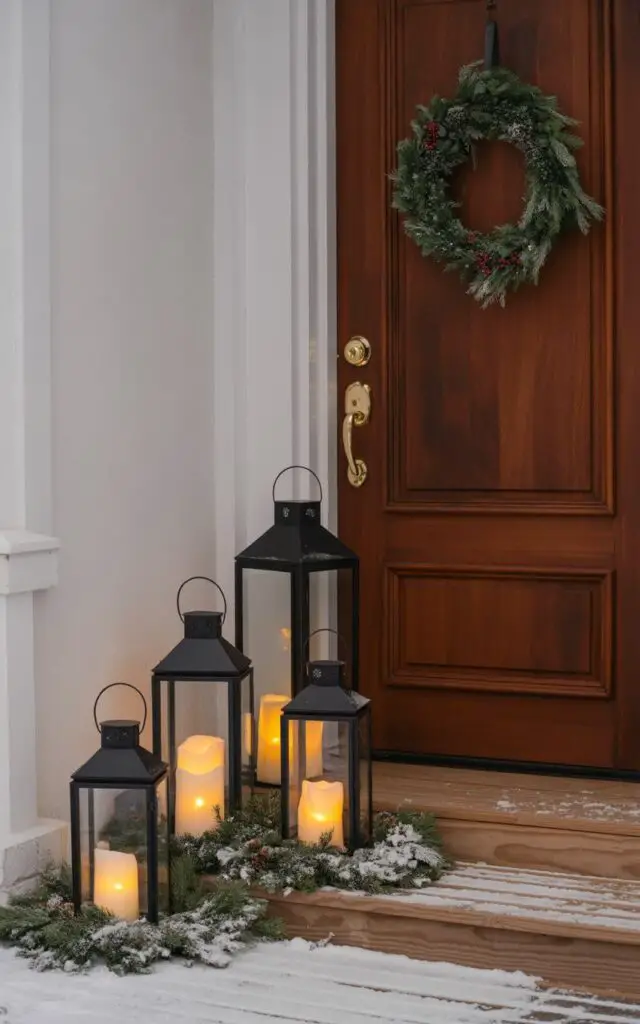 A photograph of a minimalist Christmas front porch featuring a collection of black metal lanterns in varying sizes arranged gracefully beside a rich dark wooden door. The door showcases an elegant brass handle and keyhole that catch and reflect the warm, flickering glow of LED candles nestled within each lantern, surrounded by fresh pine sprigs and delicate faux snow. A single evergreen wreath with subtle red berries hangs centered on the door, while the wooden porch steps are lightly dusted with pristine white snow. Soft, warm candlelight creates a cozy ambiance against the winter evening, casting gentle shadows and highlighting the beautiful simplicity of this understated holiday decoration.