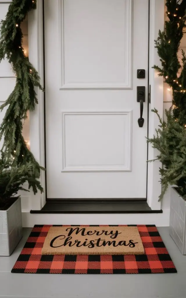A photograph of a minimalist outdoor Christmas front porch featuring layered doormats as the focal point. The bottom doormat displays a classic red-and-black buffalo check pattern, perfectly topped with a natural coir mat reading "Merry Christmas" in elegant lettering. The crisp white door showcases a sleek matte black handle and keyhole, framed by soft evergreen garlands that cascade naturally around the entryway. Subtle warm white twinkling lights nestle within the greenery, casting a gentle glow on nearby modern planters, creating a clean and welcoming festive atmosphere with refined holiday elegance.