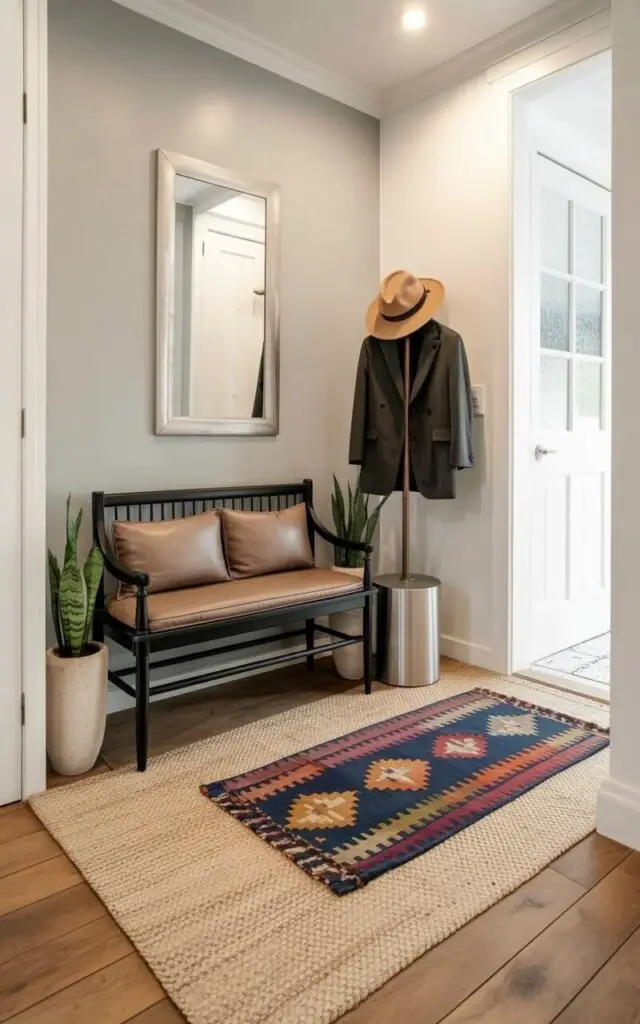 A black bench with plush taupe leather cushions sits against a pale gray wall in a rectangular Entryway. A large, flatweave rug in natural cream and beige covers the majority of the floor, while a smaller, geometrically patterned kilim rug with navy blue, ochre, and crimson accents rests diagonally on top, partially overlapping the larger rug. A sleek, cylindrical coat stand made of brushed metal stands near the bench, holding a dark gray wool coat and a tan fedora hat. A pair of tall, slender ceramic pots containing small snake plants are positioned on either side of the bench, adding a touch of greenery to the neutral color scheme.