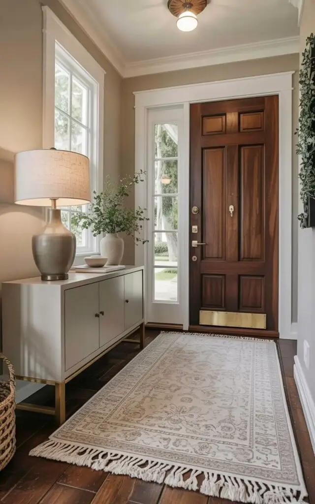 A low-pile rug in subtle ivory and taupe lies centered in an entryway, its flat texture allowing the front door to glide smoothly. A narrow storage cabinet with a clean, rectangular form rests along the wall to the left of the rug, topped with a ceramic lamp featuring a white linen shade and a brushed nickel base. The front door is dark wood with a brushed brass door handle and a small brass kickplate along the bottom edge. Natural light streams in through a nearby window, illuminating dust motes floating in the air and subtly highlighting the grain of the wooden floor.