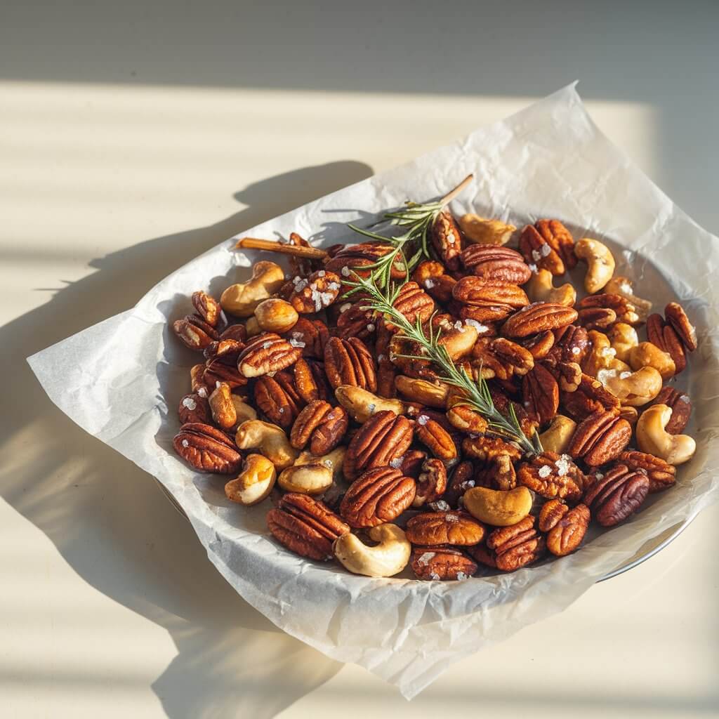 A photo of a plate of roasted nuts coated in a glossy maple syrup glaze, sprinkled with rosemary and a touch of sea salt. The nuts, which include pecans, almonds, and cashews, are spread out on a white parchment paper. The parchment paper is placed on a bright plain white kitchen countertop. The nuts have a warm, inviting scene. The image is bathed in natural light, which highlights the golden, caramelized sheen of the maple glaze.