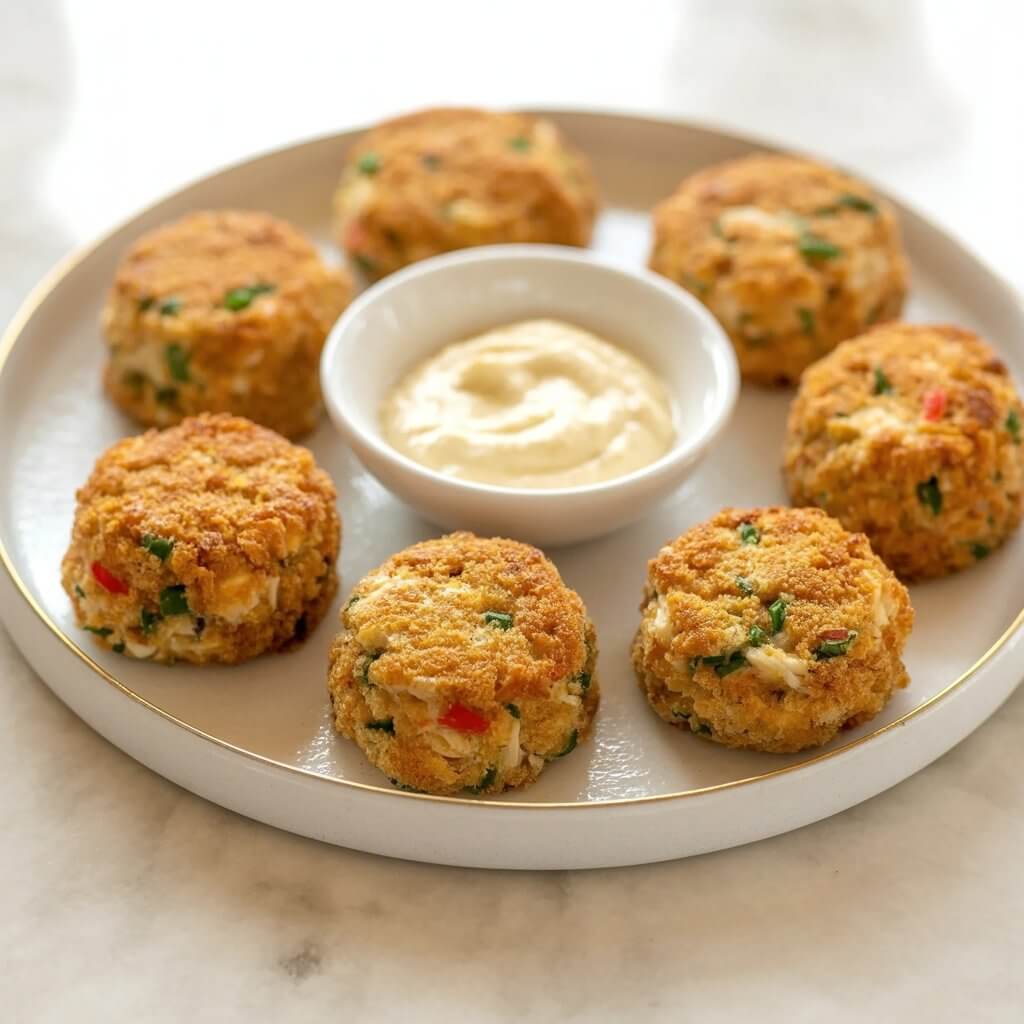 Six golden-brown crab cakes are arranged in a circular pattern on a white ceramic serving plate. Each cake has visible flecks of finely chopped parsley, chives, and panko breadcrumbs creating a slightly textured surface. A small white ceramic bowl filled with pale yellow lemon aioli sits in the center of the circle, its surface smooth and glossy. The plate rests on a bright, clean white kitchen countertop with a single sprig of fresh dill positioned to the right of the plate.